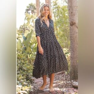 Natural Life Rebecca Black Floral Midi MaxDress Cottage Boho  Size XL V-neck